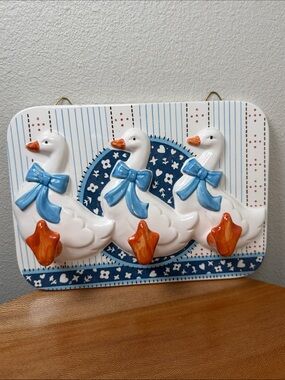 Vintage Hand Crafted Hand Made Ceramic Duck Hanger White Blue Bow Farmhouse